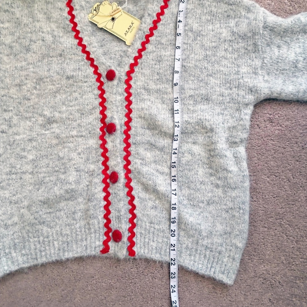 Azara France Soft button front cardigan grey with contrast red trim NWT - Picture 12 of 16